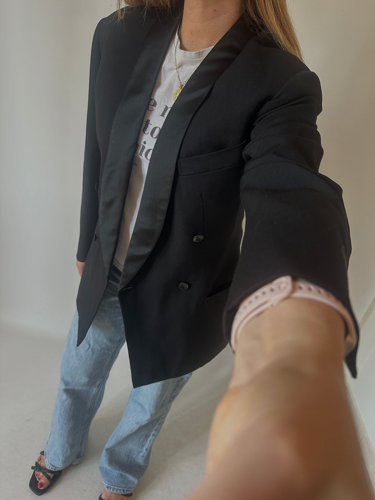 Tailored black double-breast smoking blazer
