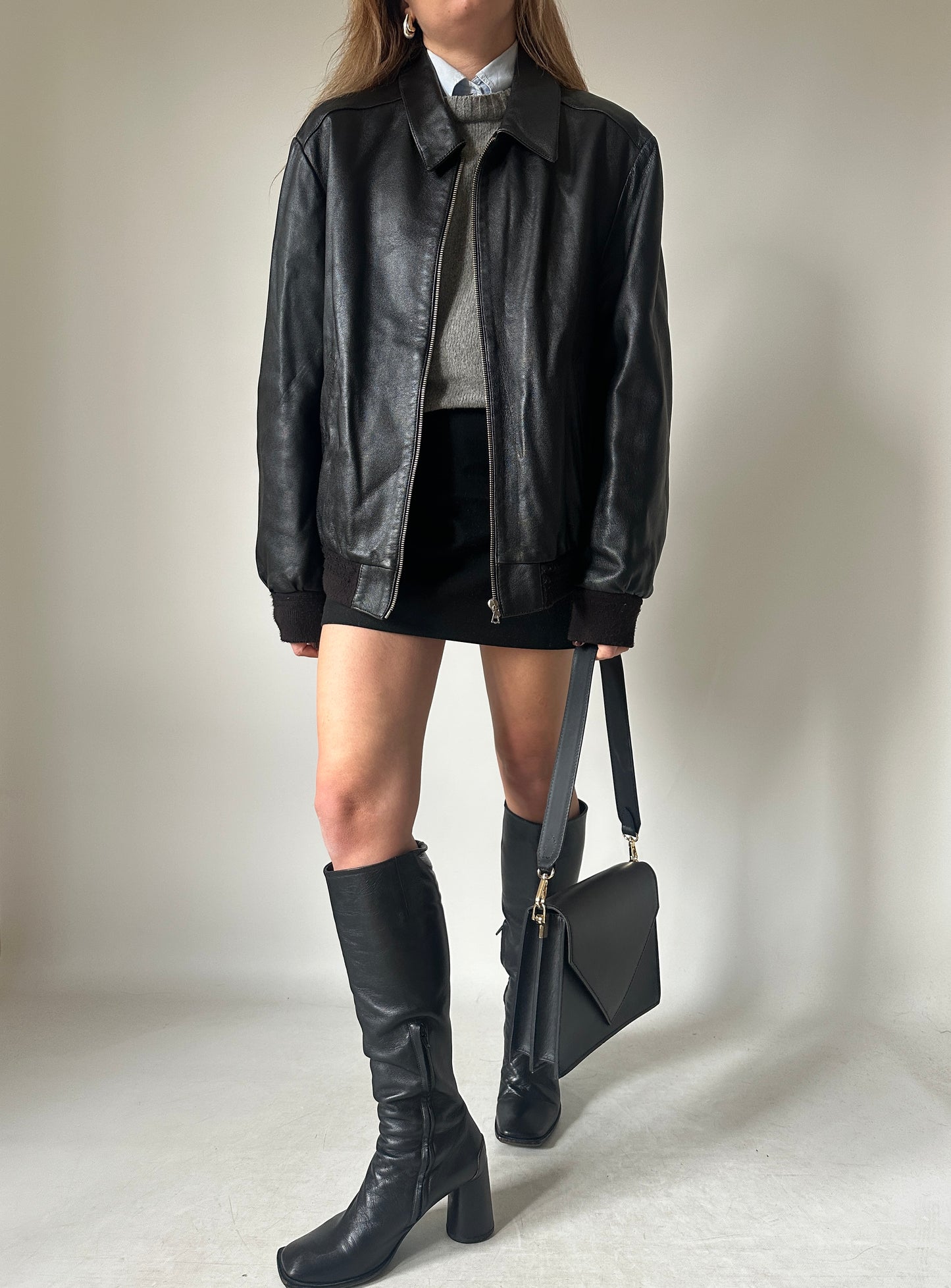 Soft leather black bomber