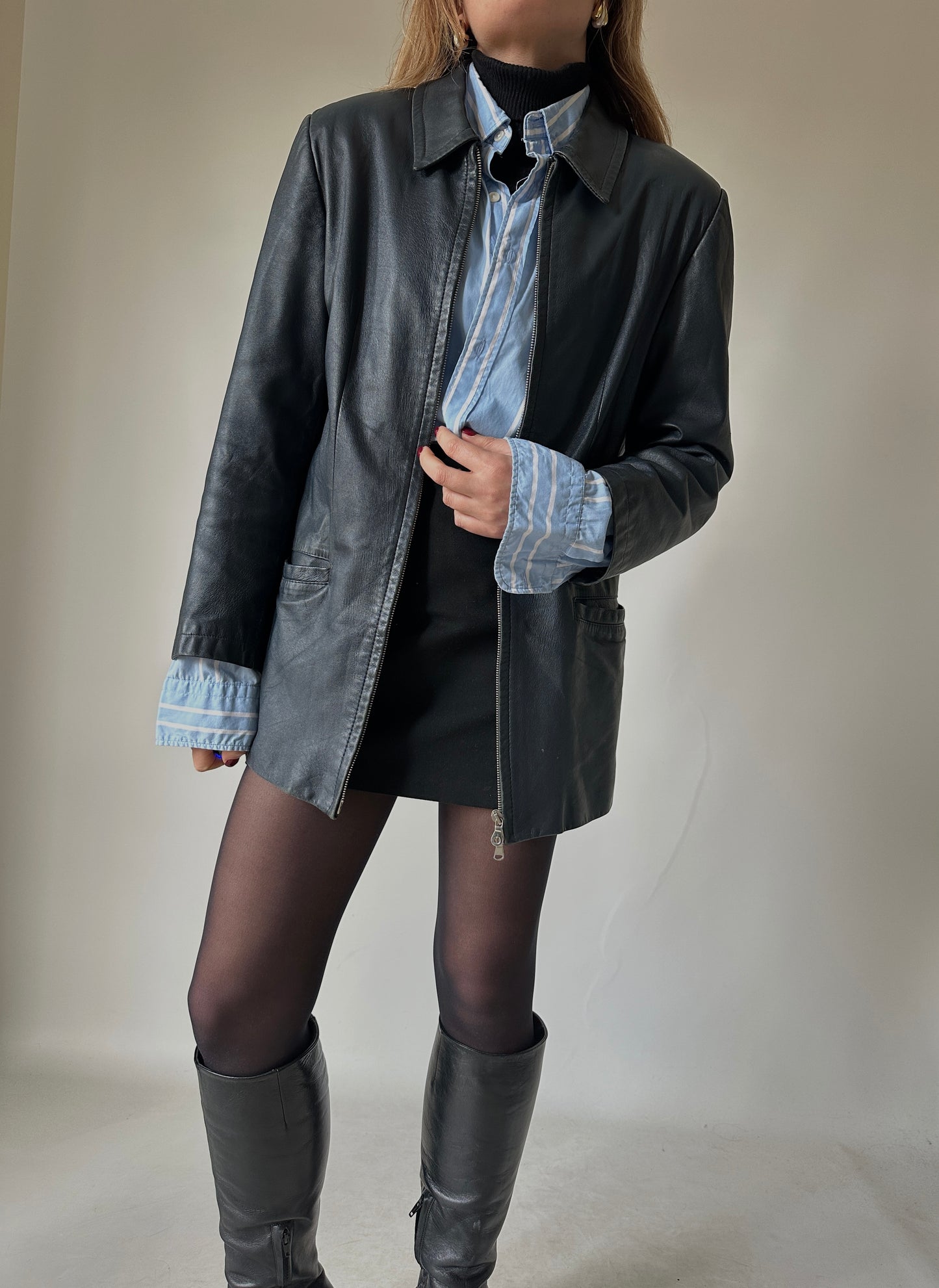 Minimal navy leather jacket