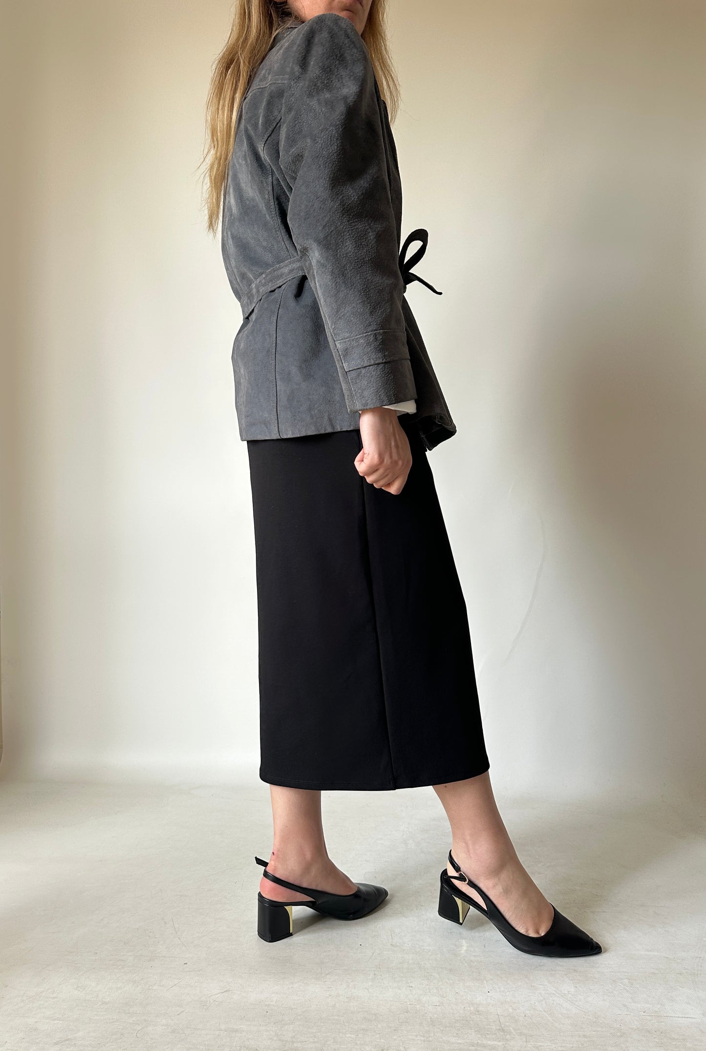 Unique grey suede jacket with belt