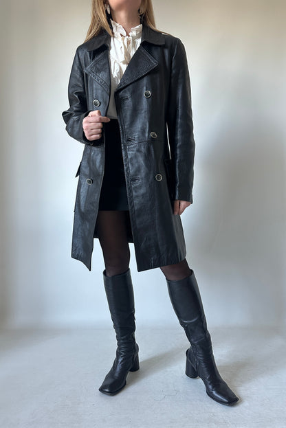 Unique petite black leather trench
