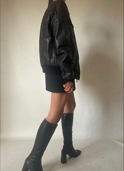 Slim black leather bomber