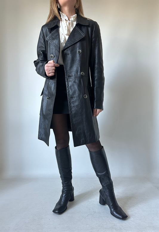 Unique petite black leather trench