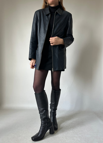 Minimal navy leather jacket