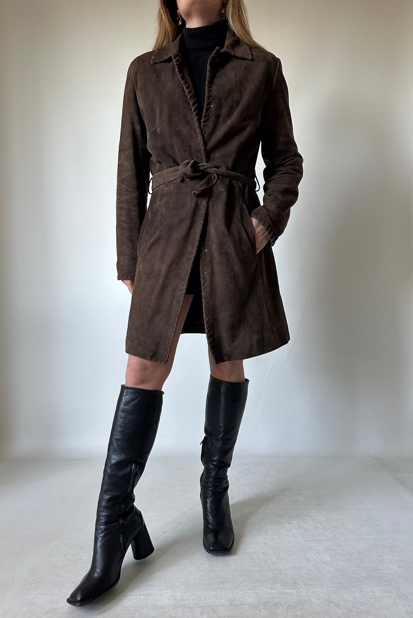Unique chocolate suede leather trench