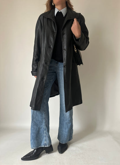 Trench trapuntato in pelle nera