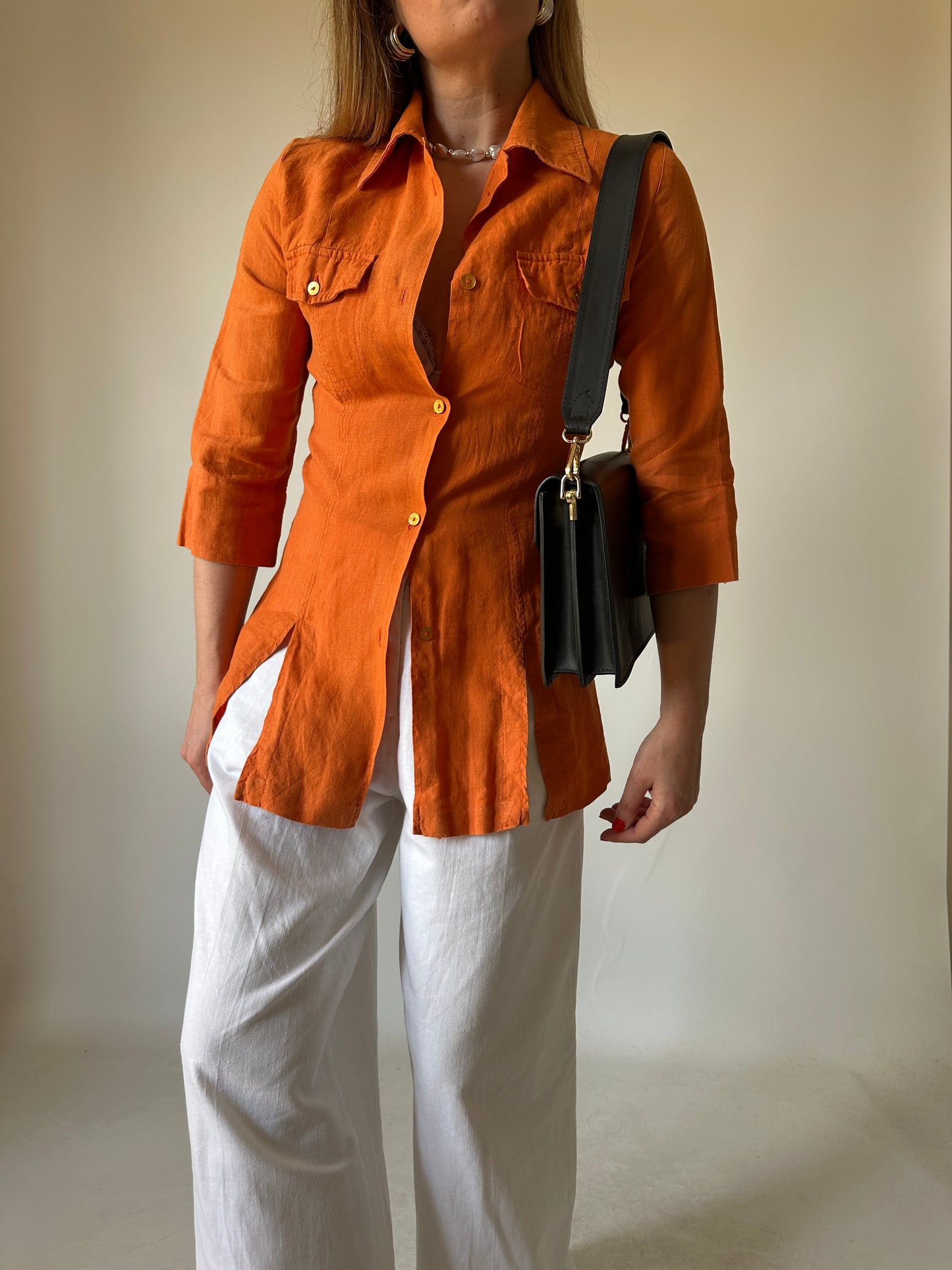 Orange 100% linen slim shirt