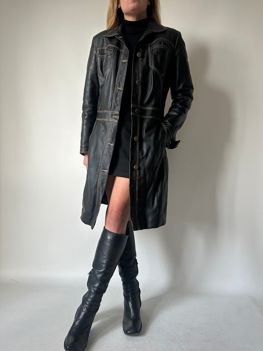 Black distressed leather trench