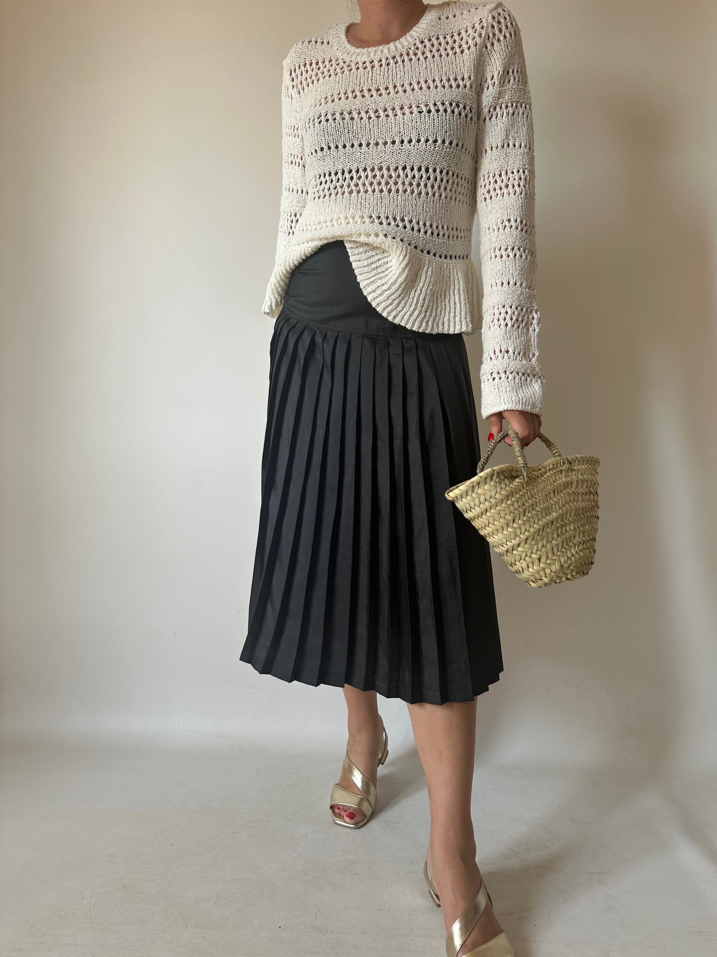 Minimal black pleated silk skirt