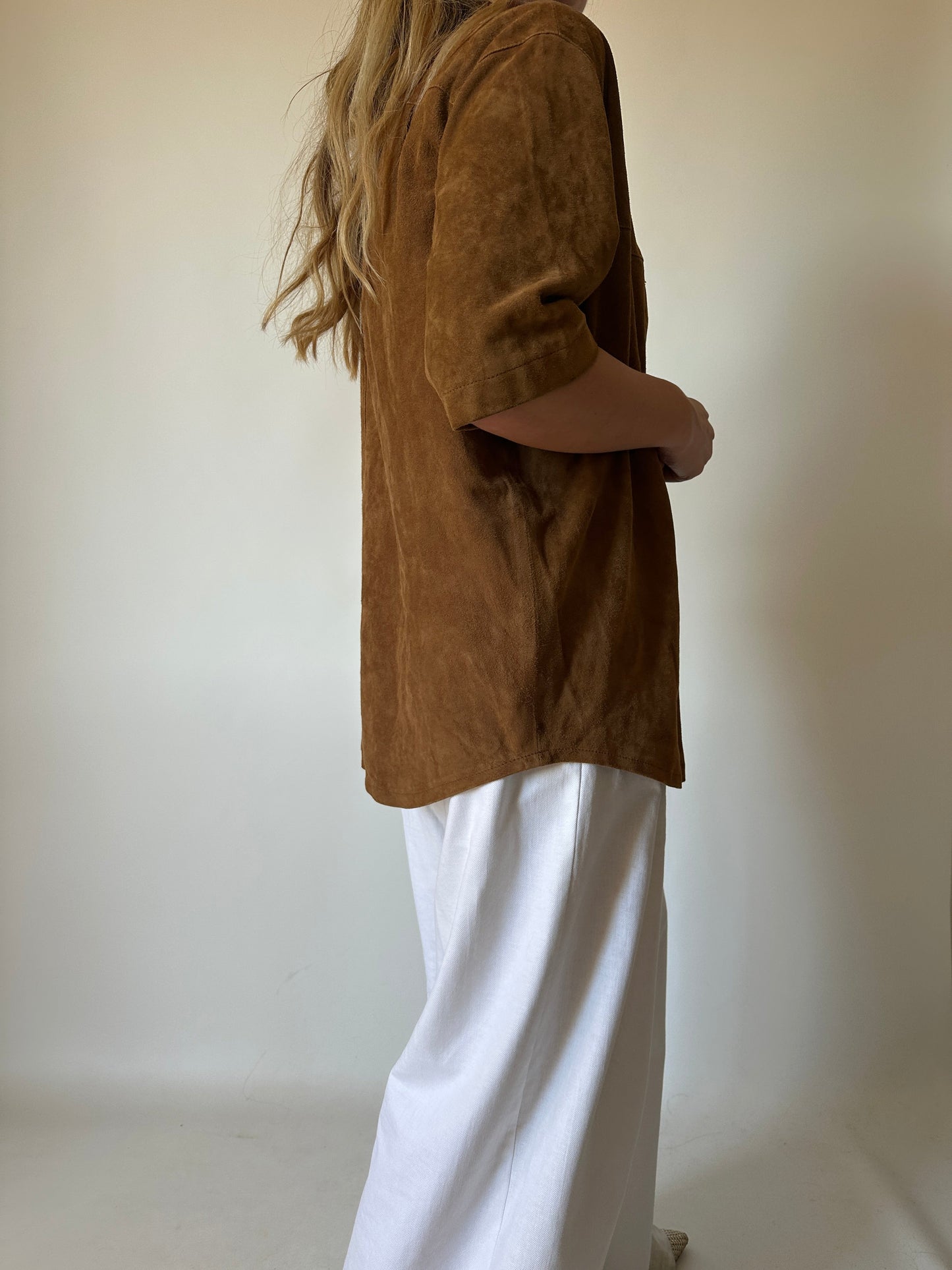 Brown suede half sleeves shirt