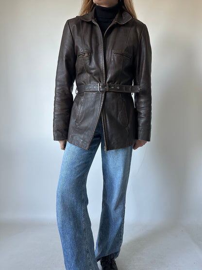 Chocolate distressed leather jacket with belt