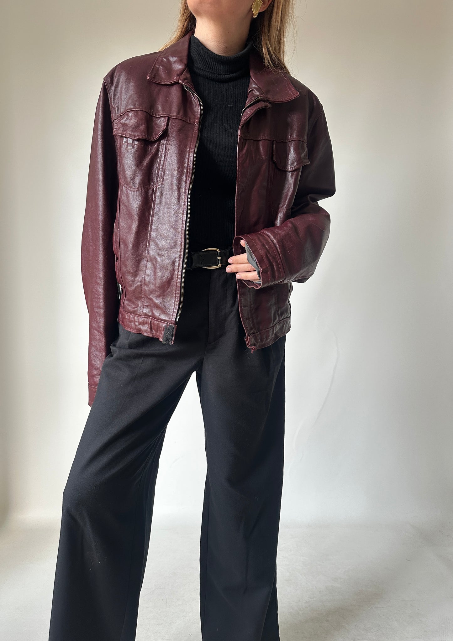 Burgundy minimal leather jacket