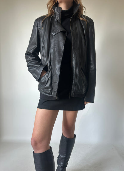 Leather black petite bomber