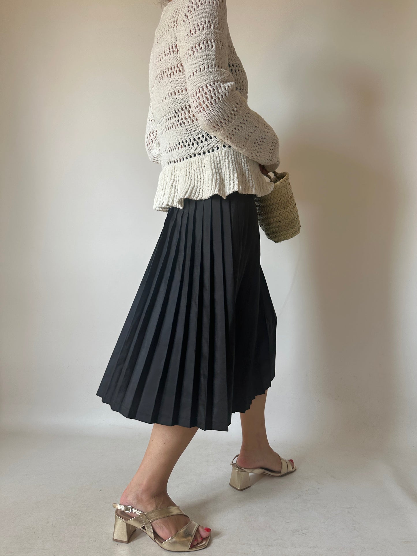 Minimal black pleated silk skirt