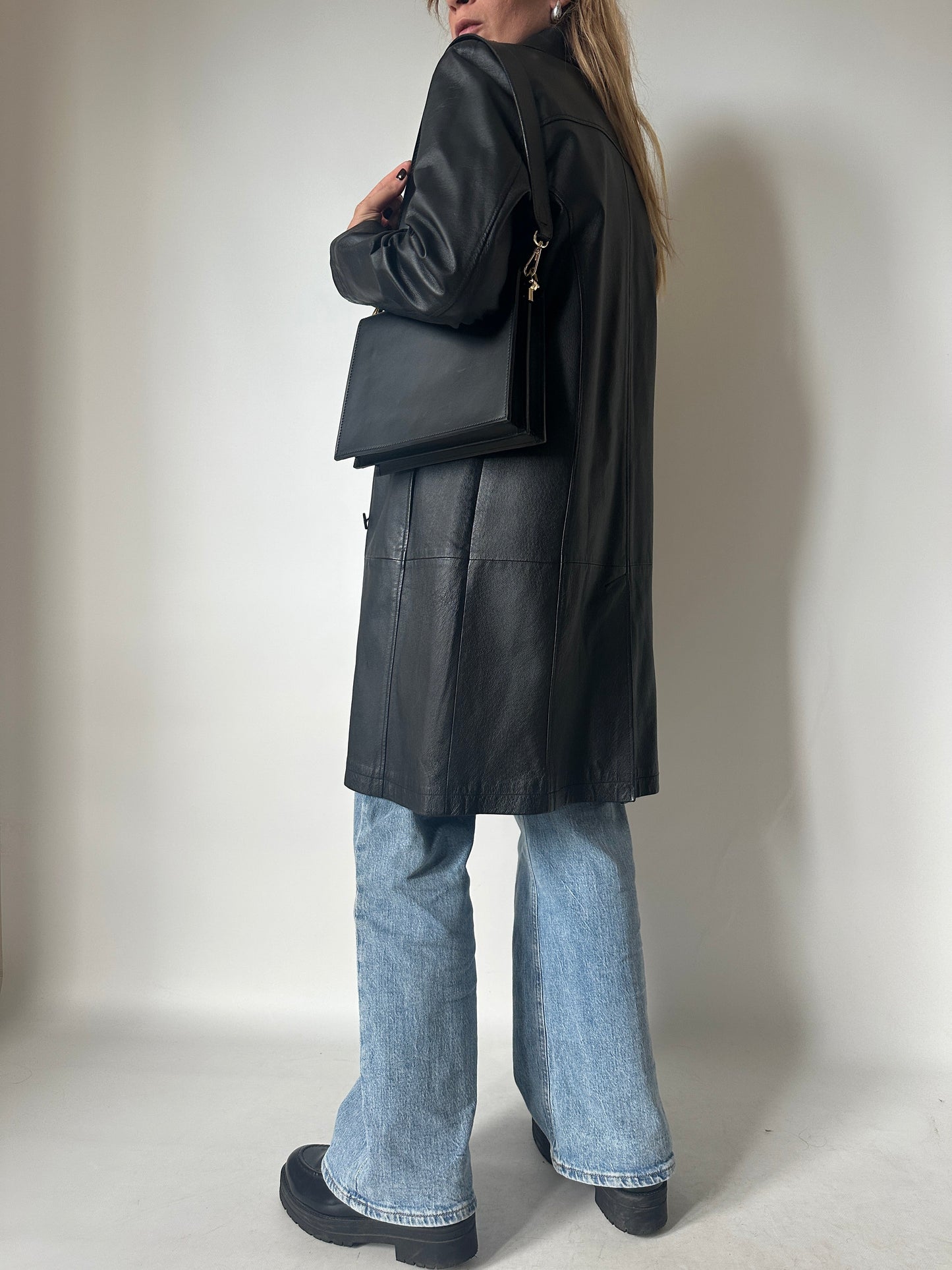 Black long leather trench