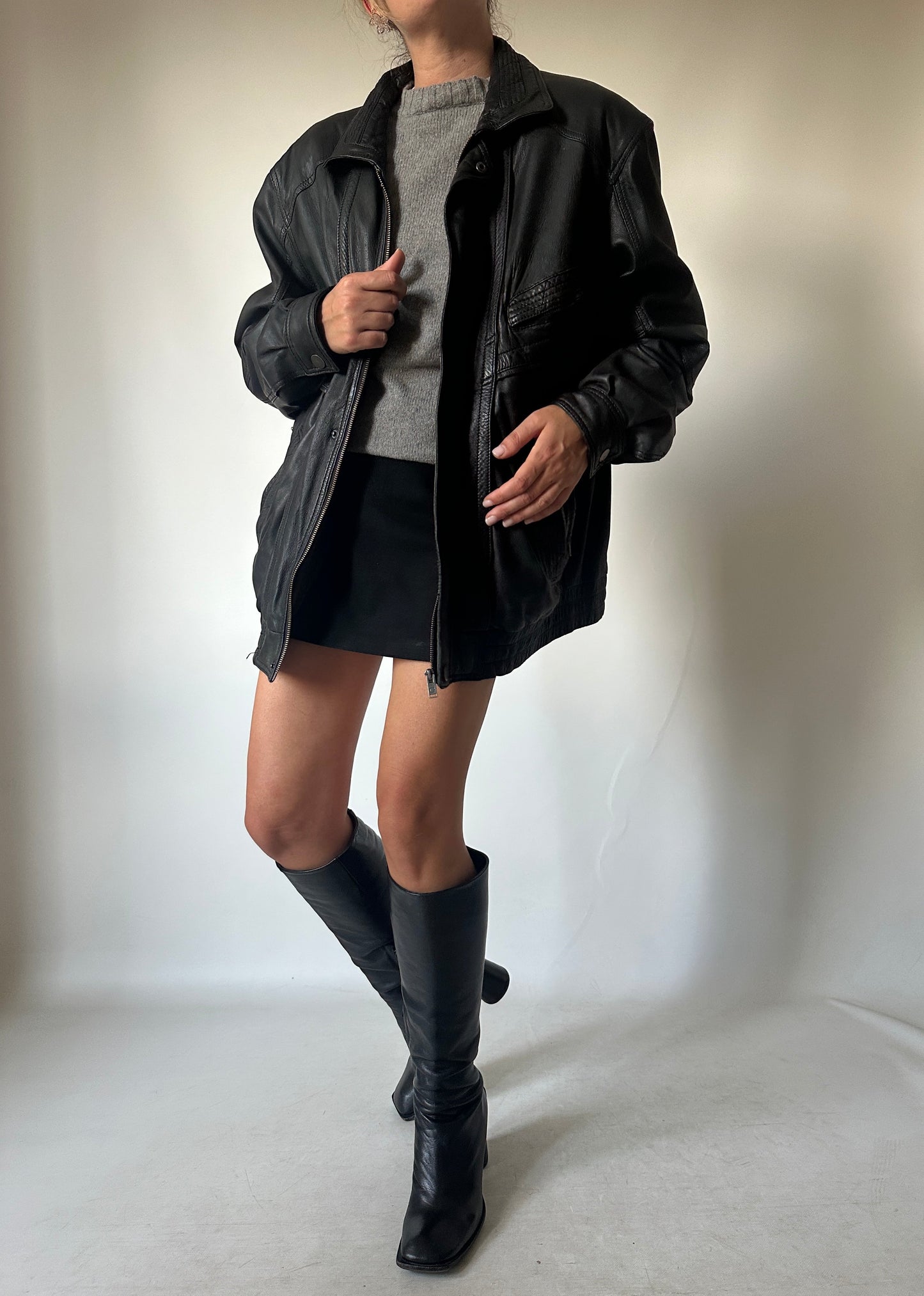 Genderless black leather bomber