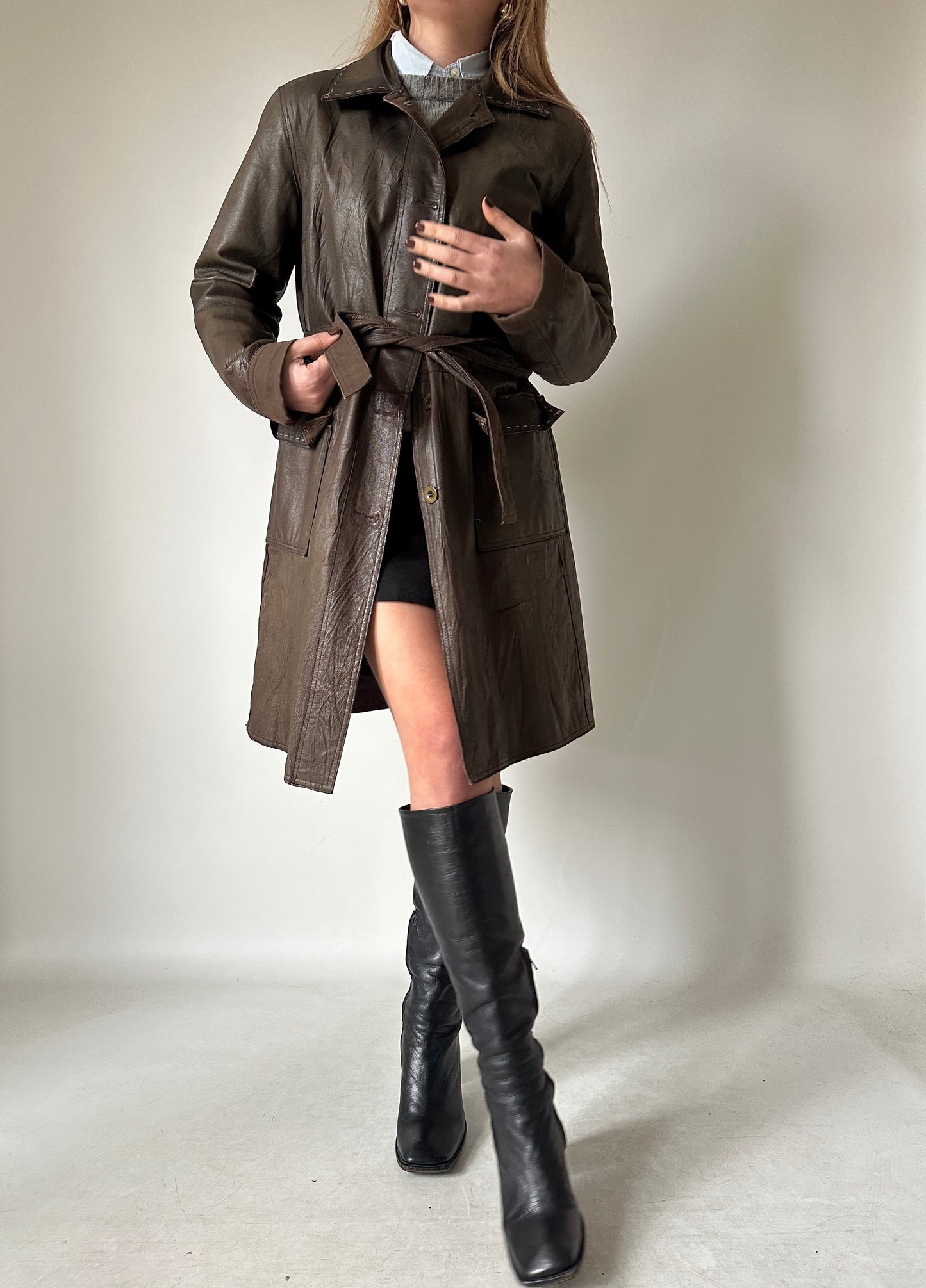 Chocolate leather trench with belt