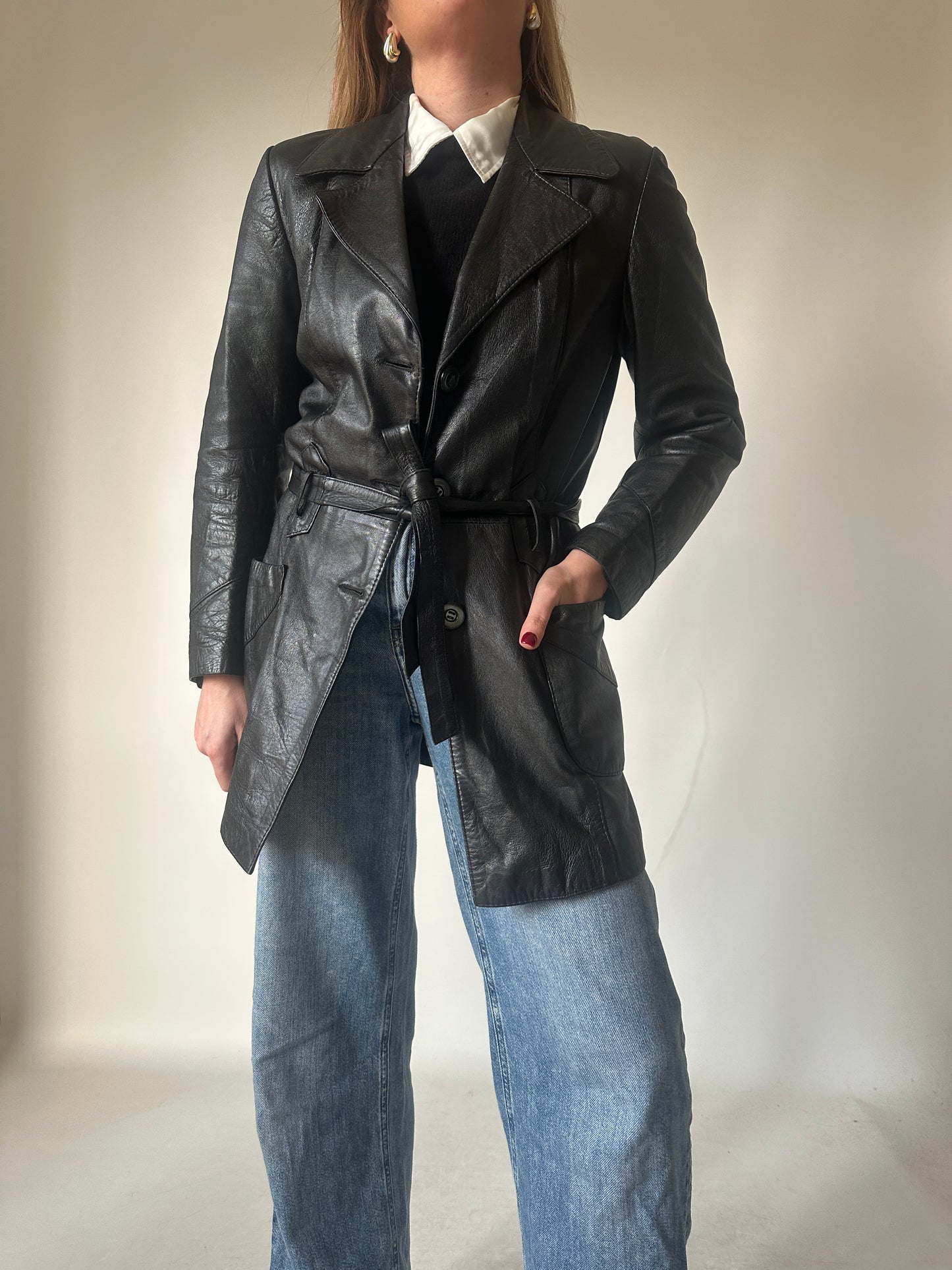 Black leather jacket with belt