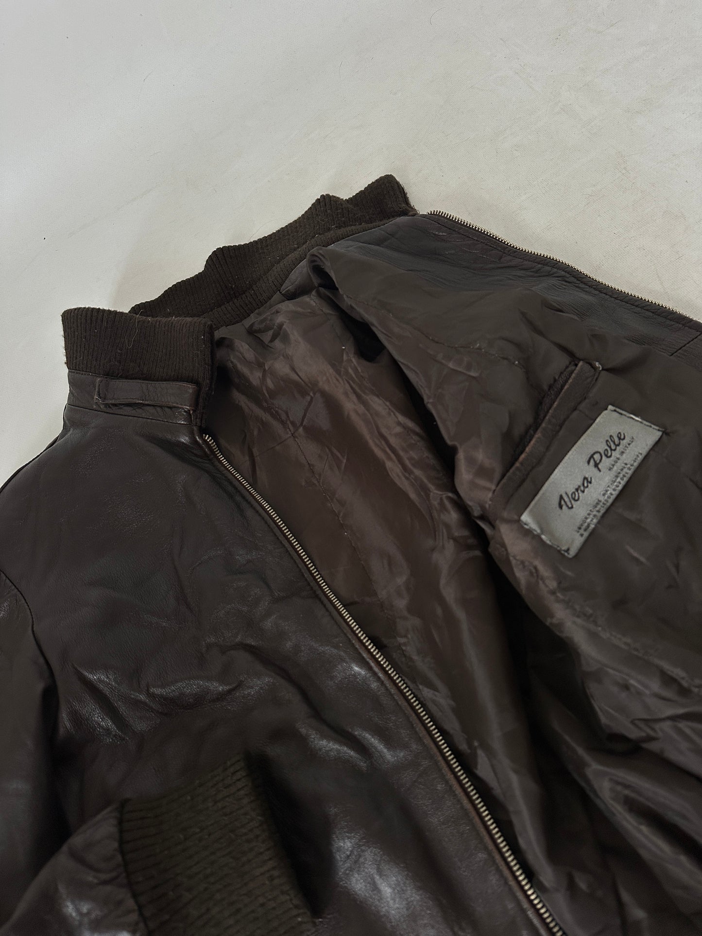 Chocolate leather bomber