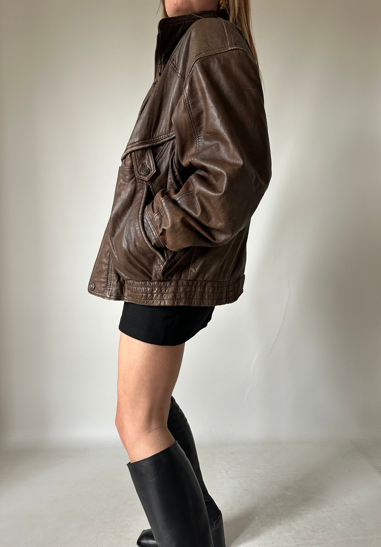 Chocolate used leather bomber