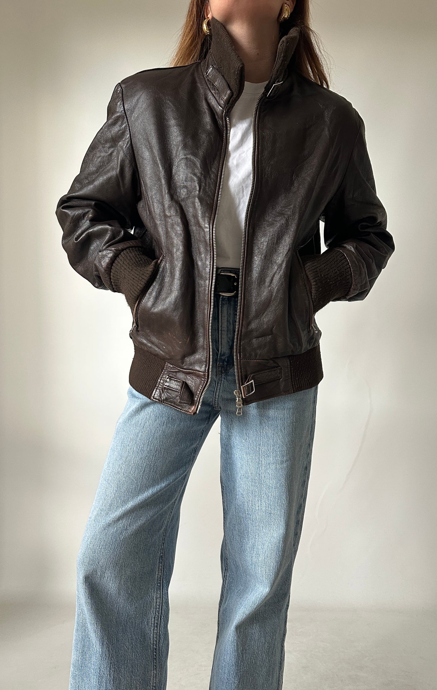 Chocolate leather bomber