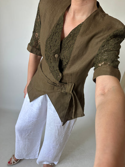 Blazer in lino con maniche ricamate