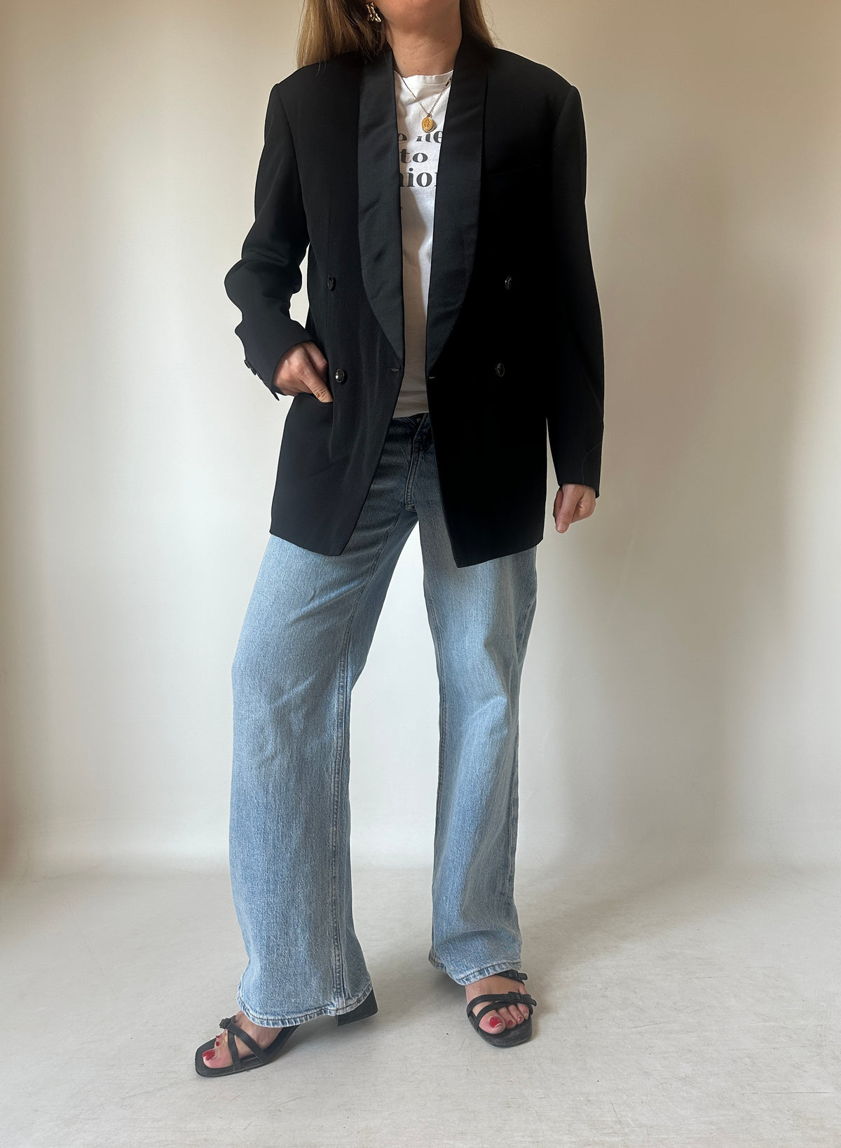 Tailored black double-breast smoking blazer