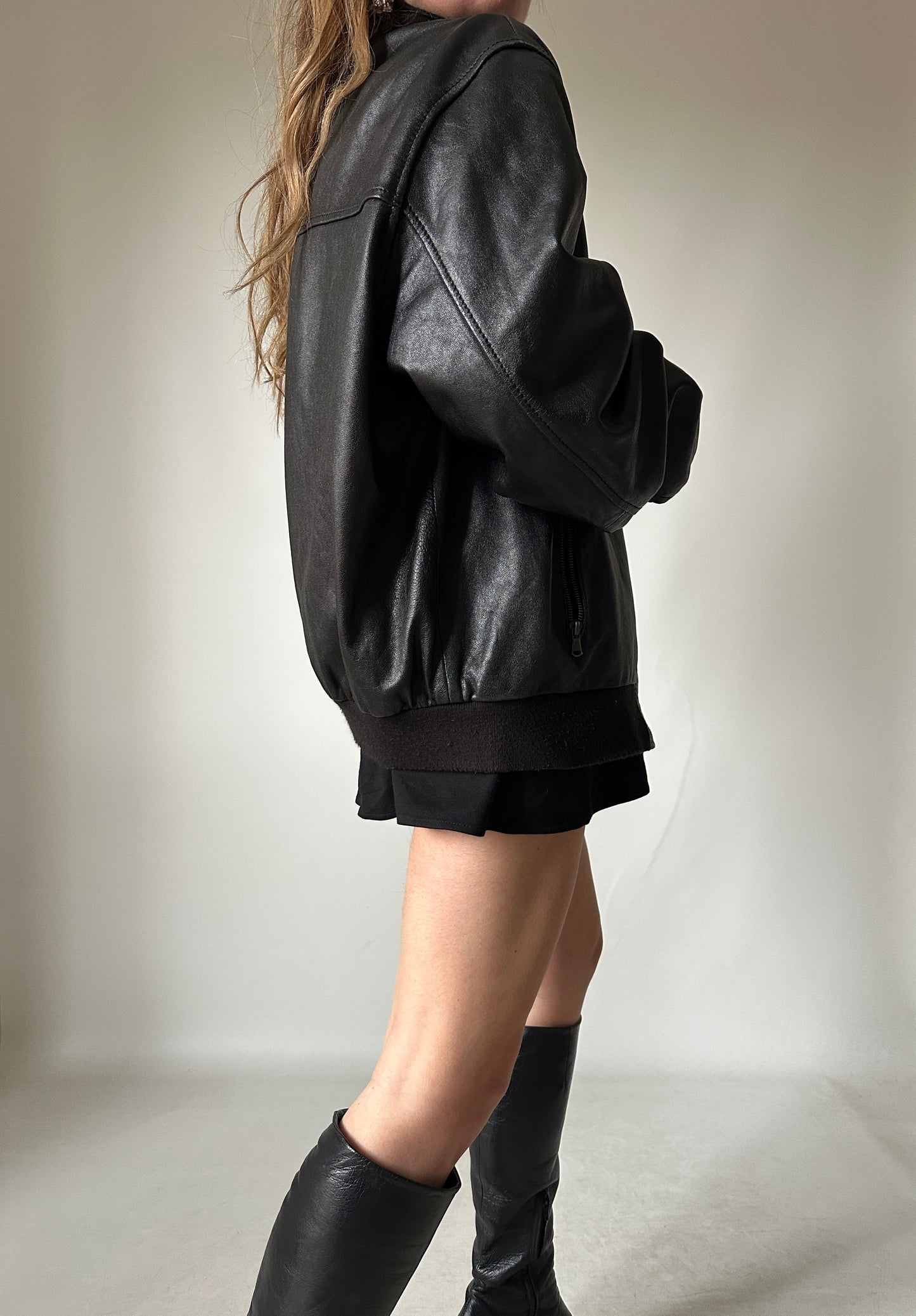 Evergreen black leather bomber