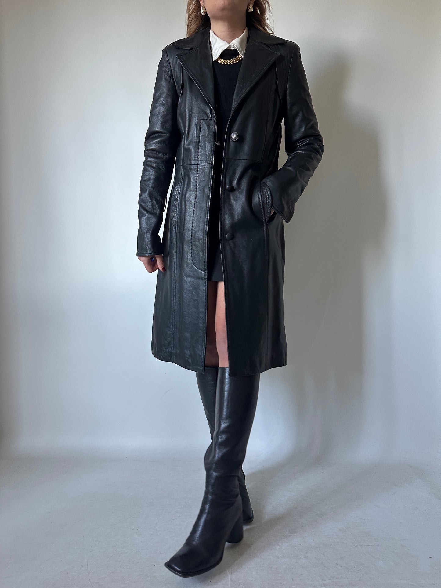 Black slim leather trench - new deadstock