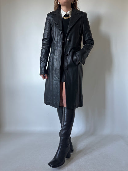 Black slim leather trench - new deadstock