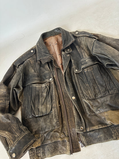 Unique distressed leather bomber