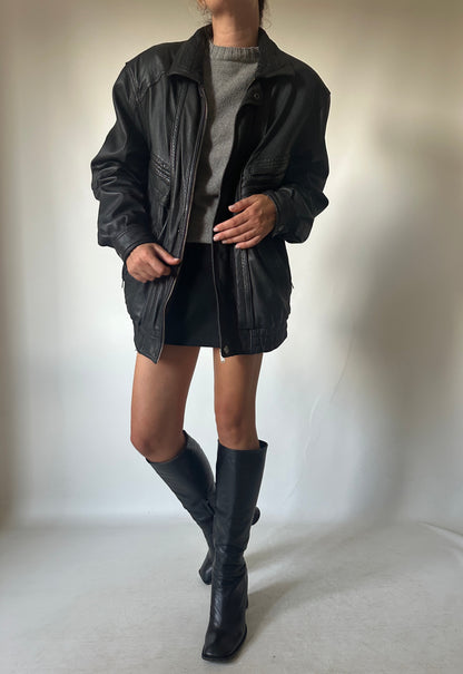 Genderless black leather bomber
