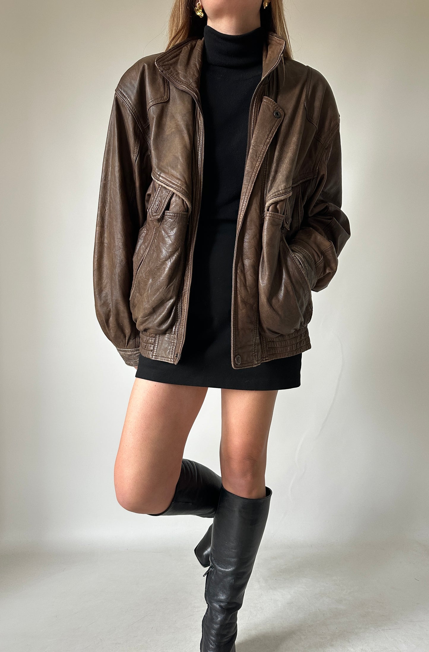 Chocolate used leather bomber