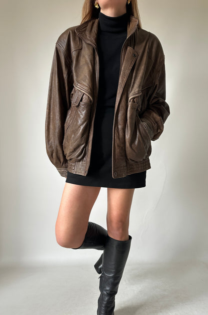 Chocolate used leather bomber