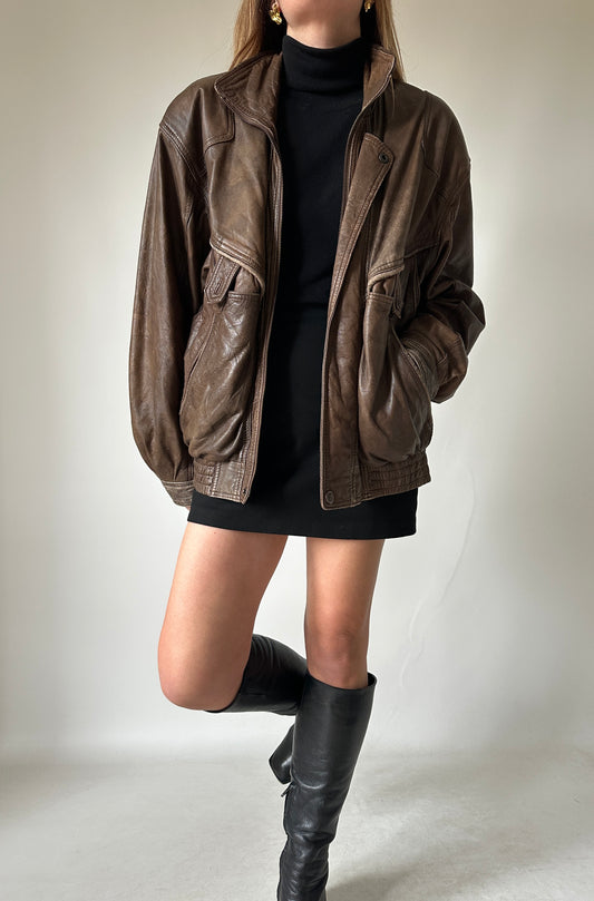 Chocolate used leather bomber