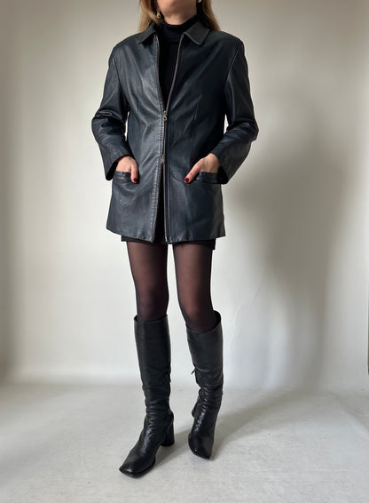 Minimal navy leather jacket