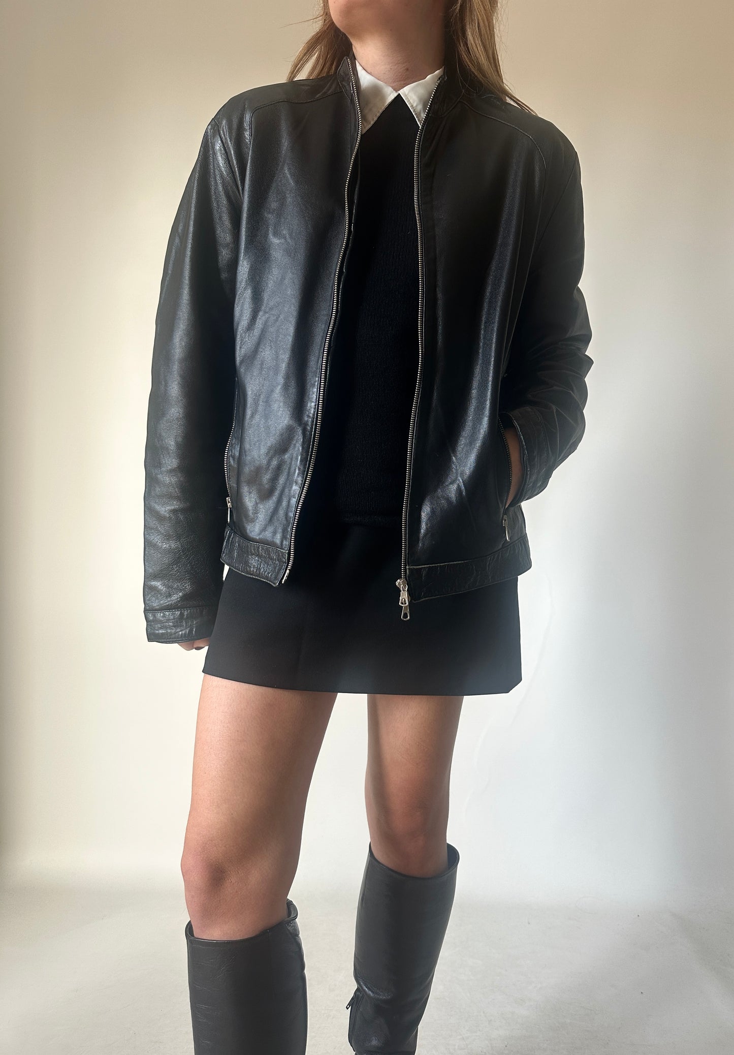 Black leather petite bomber