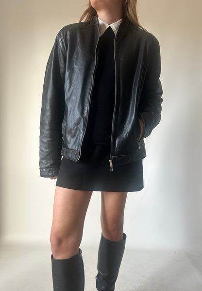 Black leather petite bomber
