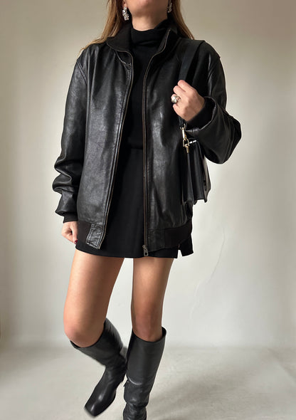 Evergreen black leather bomber