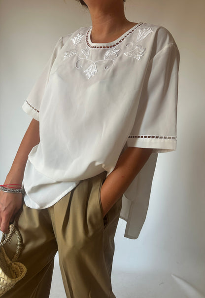 Embroidered white silky shirt