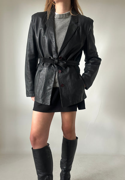Petite leather jacket with belt