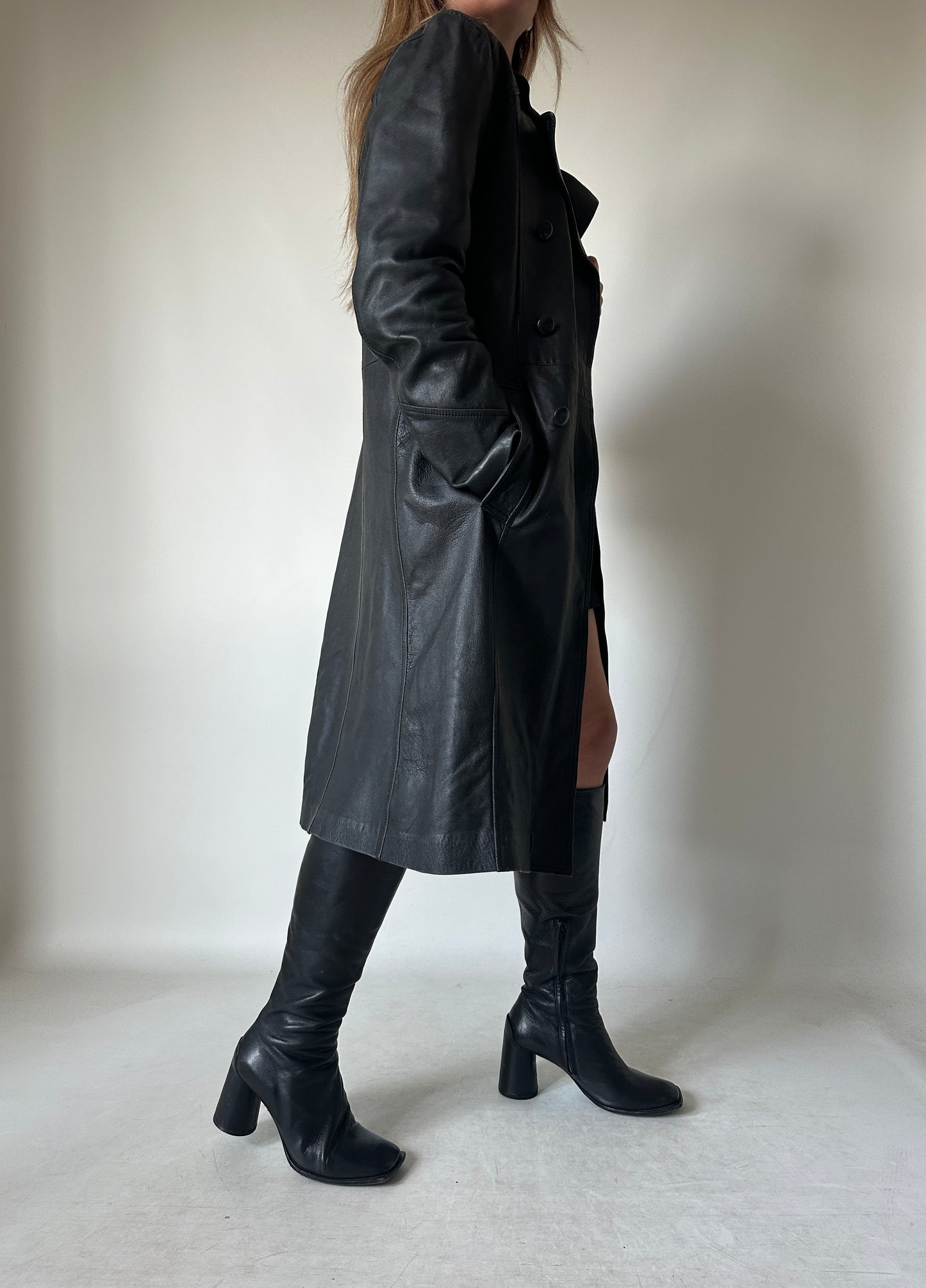 Black long leather trench