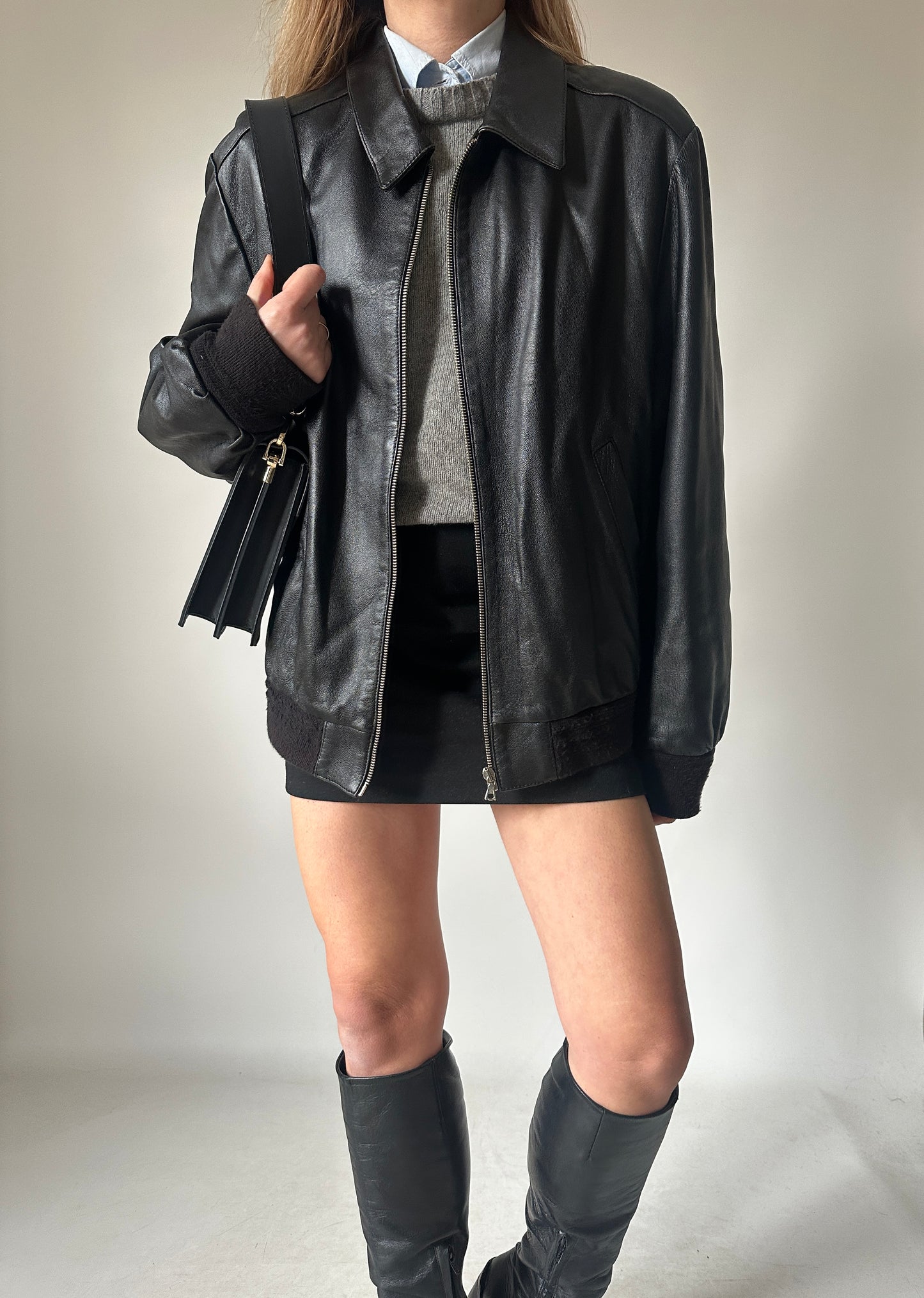 Soft leather black bomber