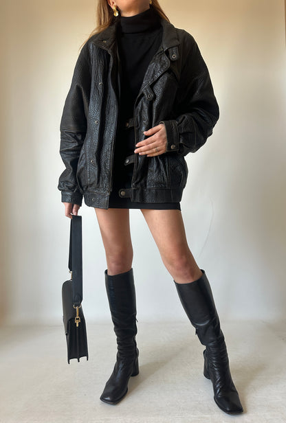 Oversize Paris black leather bomber