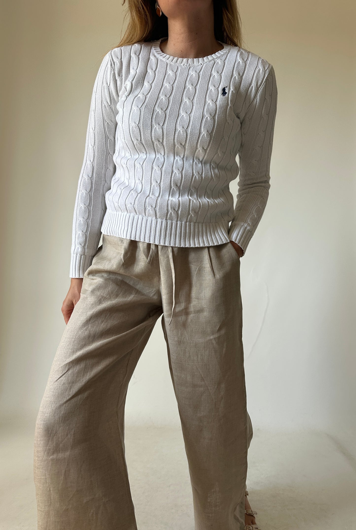 RALPH LAUREN white cable-knit petite sweater