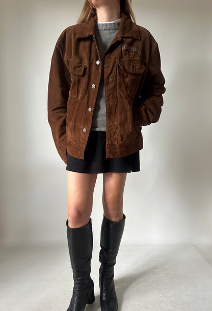 Casual chocolate suede bomber