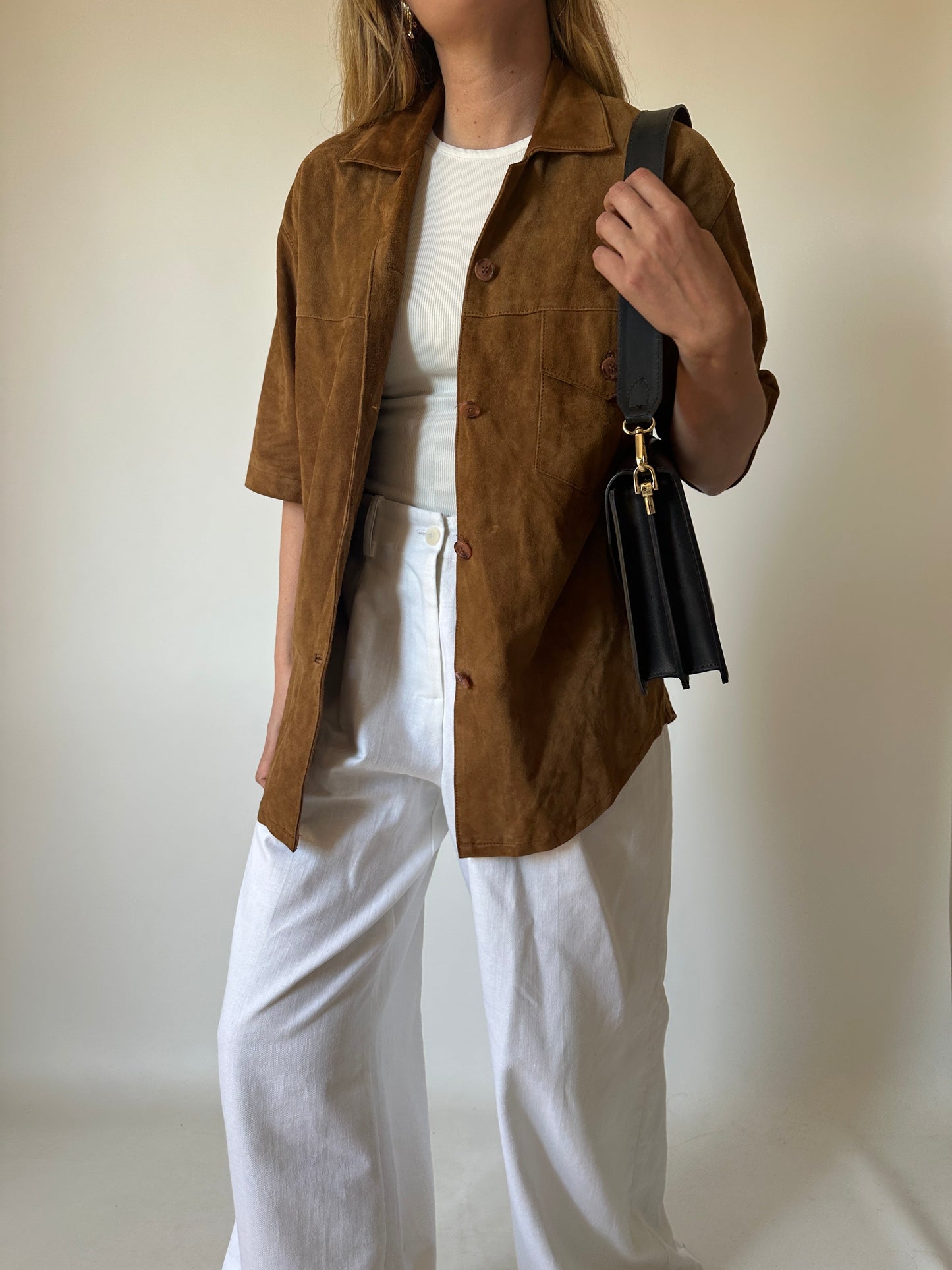 Brown suede half sleeves shirt