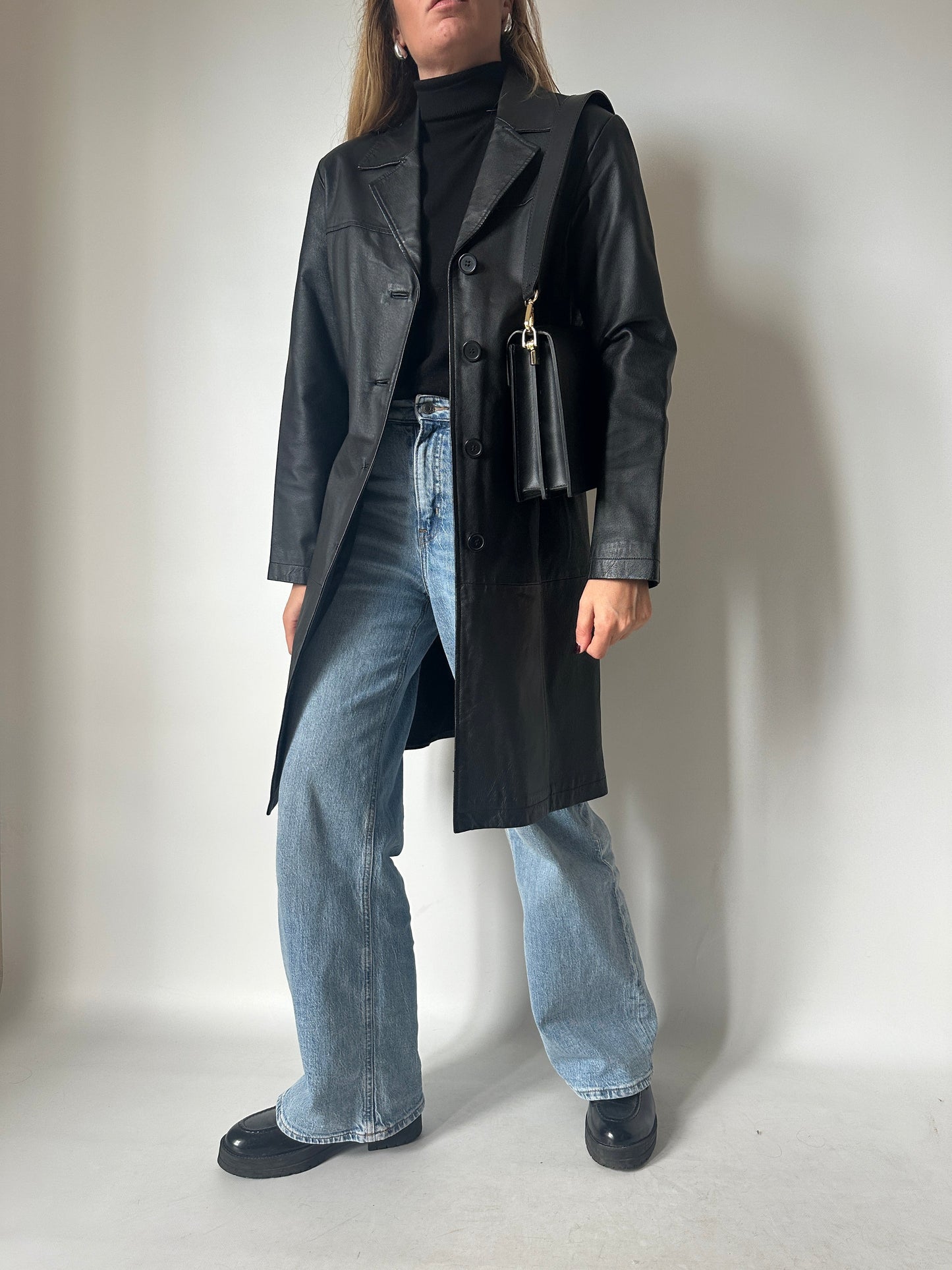 Black long leather trench