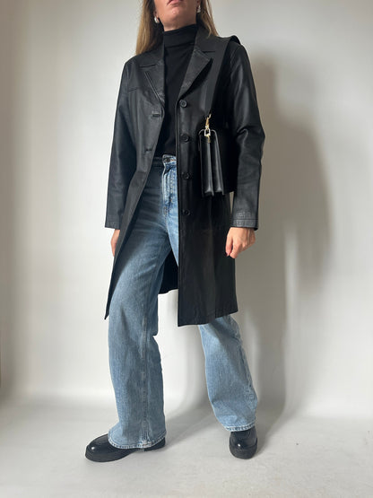 Black long leather trench