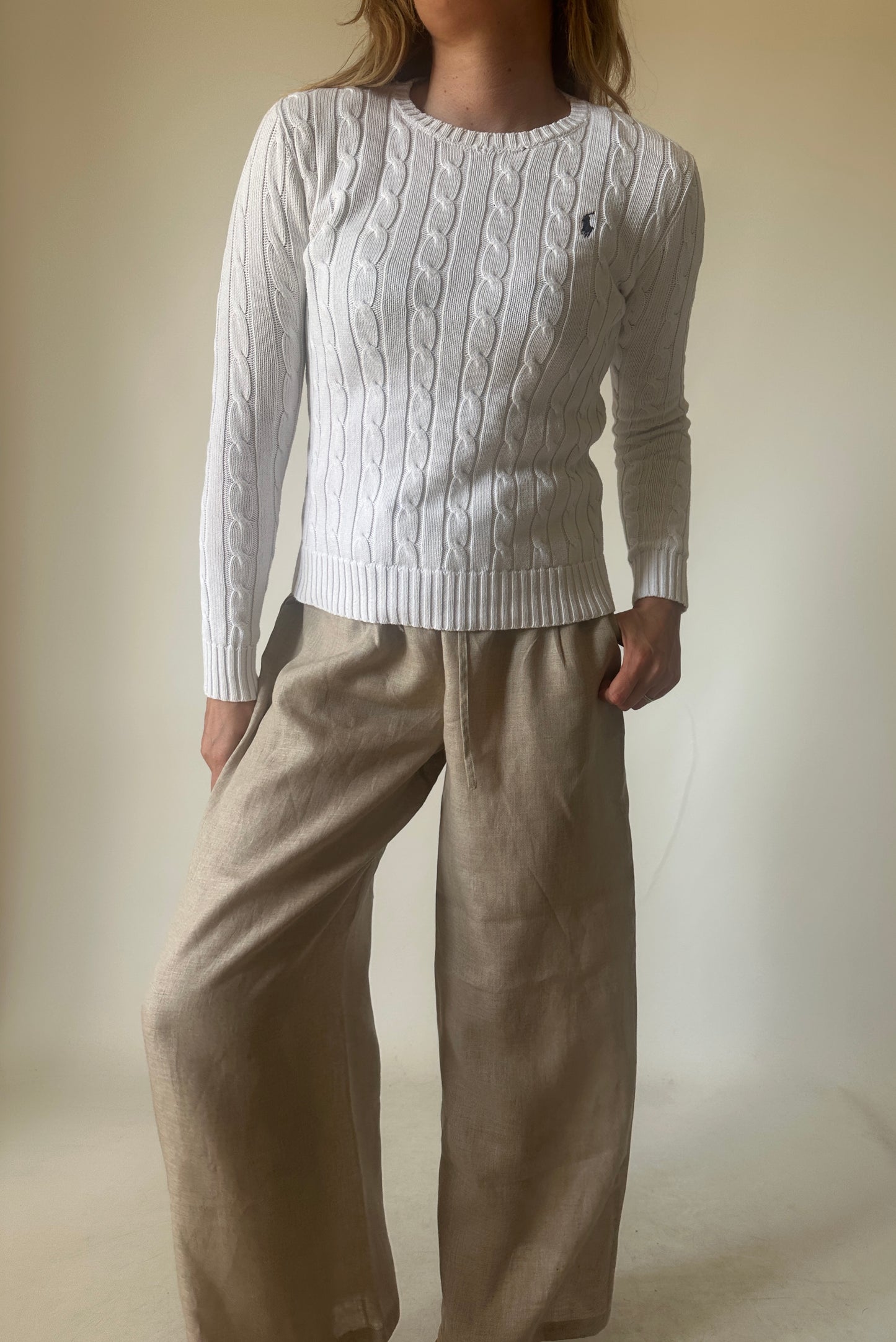 RALPH LAUREN white cable-knit petite sweater